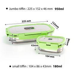 Veigo Jumbo Stainless Steel Lunch Box with Silicon Ring & Lid Lock with Small Veg Box Inside(950ml + 180ml), Green