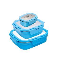 Veigo Heat-Up Stainless Steel, Microwave Safe Lunch Boxes (630 Ml+ 330 Ml+ 180 Ml), Fresh Blue