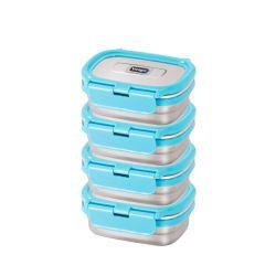 Veigo Chutney & Condiment Storage Dabbi - Set of 4 Small Veg Stainless Steel Leakproof & Airtight Boxes, Aqua Blue