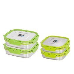 Veigo Freezer & Kitchen Storage Set of 4, Green- 2 Large Stainless Steel Boxes with 2 Sandwich Boxes