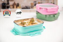 Veigo Heat-Up Stainless Steel, Microwave Safe Lunch Boxes (630 Ml+ 330 Ml+ 180 Ml), Light Green Cyan