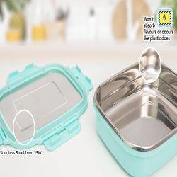 Veigo Heat-Up Stainless Steel, Microwave Safe Lunch Boxes (630 Ml+ 330 Ml+ 180 Ml), Light Green Cyan