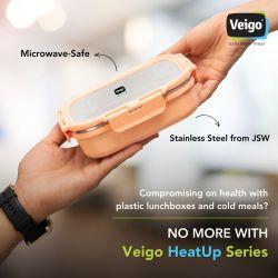 Veigo Heat-Up Stainless Steel, Microwave Safe Lunch Boxes (630 Ml+ 330 Ml+ 180 Ml), Peach