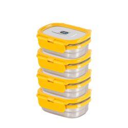 Veigo Chutney & Condiment Storage Dabbi - Set of 4 Small Veg Stainless Steel Leakproof & Airtight Boxes, Yellow