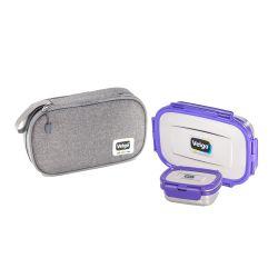 Veigo Jumbo Combo- 1 Airtight & Leakproof Stainless Steel Lunch Box with Small Veg Box Inside(950ml + 180ml) comes with Flat Insulated Pouch, Violet