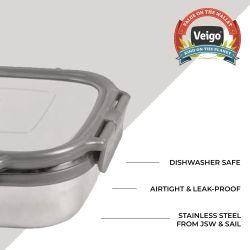 Veigo Large Stainless Steel Air Tight & Leak-Proof Lunch Box with Lid Lock & Detachable Clip Mechanism (600ml), Grey