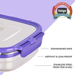 Veigo Large Stainless Steel Air Tight & Leak-Proof Lunch Box with Lid Lock & Detachable Clip Mechanism (600ml), Violet