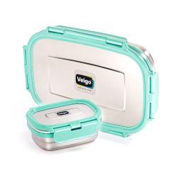 Veigo Jumbo Stainless Steel Lunch Box with Silicon Ring & Lid Lock with Small Veg Box Inside(950ml + 180ml), Light Green Cyan