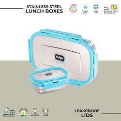 Veigo Jumbo Combo- 1 Airtight & Leakproof Stainless Steel Lunch Box with Small Veg Box Inside(950ml + 180ml) comes with Flat Insulated Pouch, Aqua Blue