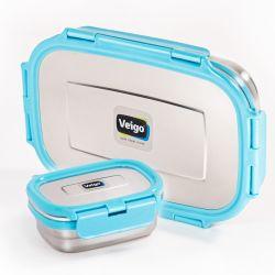 Veigo Jumbo Combo- 1 Airtight & Leakproof Stainless Steel Lunch Box with Small Veg Box Inside(950ml + 180ml) comes with Flat Insulated Pouch, Aqua Blue