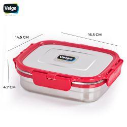 Veigo Large Stainless Steel Air Tight & Leak-Proof Lunch Box with Lid Lock & Detachable Clip Mechanism (600ml), Red