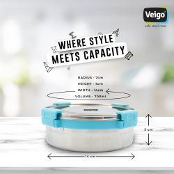 Veigo Maxosteel Round Stainless Steel Airtight & Leakproof Lunch Box with Silicon Ring & Lid Lock, Set of 3(325ML+700ML+950ML), Aqua Blue