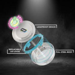 Veigo Maxosteel Round Stainless Steel Airtight & Leakproof Lunch Box with Silicon Ring & Lid Lock, Set of 3(325ML+700ML+950ML), Aqua Blue