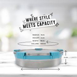 Veigo Maxosteel Round Stainless Steel Airtight & Leakproof Lunch Box with Silicon Ring & Lid Lock, Set of 3(325ML+700ML+950ML), Aqua Blue