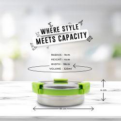 Veigo MaxoSteel Round Stainless Steel Airtight & Leakproof Lunch Box with Silicon Ring & Lid Lock, 325 Ml, Green