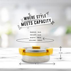 Veigo MaxoSteel Round Stainless Steel Airtight & Leakproof Lunch Box with Silicon Ring & Lid Lock, 325 Ml, Yellow