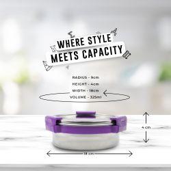 Veigo MaxoSteel Round Stainless Steel Airtight & Leakproof Lunch Box with Silicon Ring & Lid Lock, 325 Ml, Violet