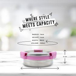 Veigo MaxoSteel Round Stainless Steel Airtight & Leakproof Lunch Box with Silicon Ring & Lid Lock, 325 Ml, Pink