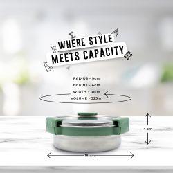 Veigo MaxoSteel Round Stainless Steel Airtight & Leakproof Lunch Box with Silicon Ring & Lid Lock, 325 Ml, Military Green