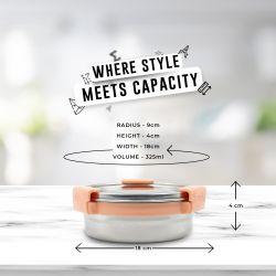 Veigo MaxoSteel Round Stainless Steel Airtight & Leakproof Lunch Box with Silicon Ring & Lid Lock, 325 Ml, Peach