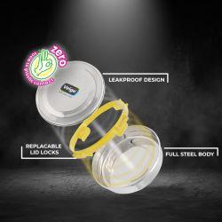 Veigo MaxoSteel Round Stainless Steel Airtight & Leakproof Lunch Box with Silicon Ring & Lid Lock, 700 Ml, Yellow