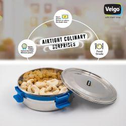 Veigo MaxoSteel Round Stainless Steel Airtight & Leakproof Lunch Box with Silicon Ring & Lid Lock, 700 Ml, Dark Blue