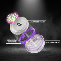 Veigo MaxoSteel Round Stainless Steel Airtight & Leakproof Lunch Box with Silicon Ring & Lid Lock, 700 Ml, Violet