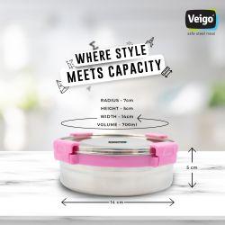 Veigo MaxoSteel Round Stainless Steel Airtight & Leakproof Lunch Box with Silicon Ring & Lid Lock, 700 Ml, Pink