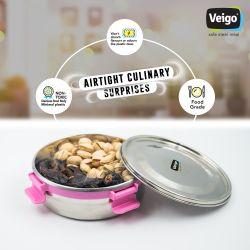 Veigo MaxoSteel Round Stainless Steel Airtight & Leakproof Lunch Box with Silicon Ring & Lid Lock, 700 Ml, Pink