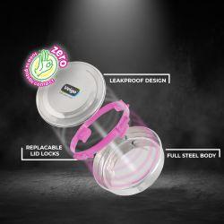 Veigo MaxoSteel Round Stainless Steel Airtight & Leakproof Lunch Box with Silicon Ring & Lid Lock, 700 Ml, Pink