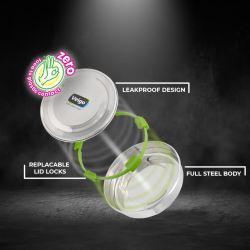 Veigo MaxoSteel Round Stainless Steel Airtight & Leakproof Lunch Box with Silicon Ring & Lid Lock, 950 Ml, Green