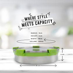 Veigo MaxoSteel Round Stainless Steel Airtight & Leakproof Lunch Box with Silicon Ring & Lid Lock, 950 Ml, Green