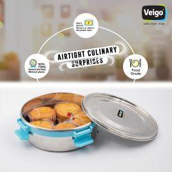 Veigo MaxoSteel Round Stainless Steel Airtight & Leakproof Lunch Box with Silicon Ring & Lid Lock, 700 Ml, Aqua Blue