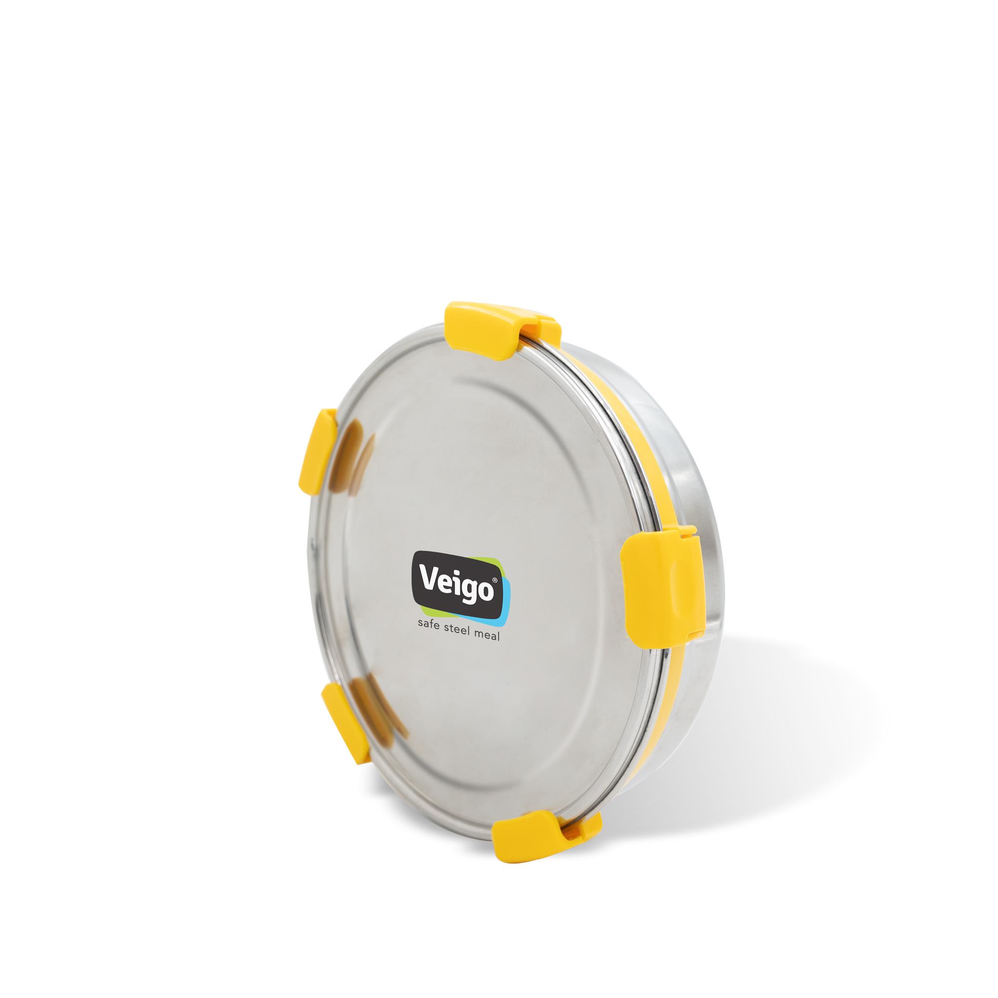 Veigo MaxoSteel Round Stainless Steel Airtight & Leakproof Lunch Box with Silicon Ring & Lid Lock, 950 Ml,ellow