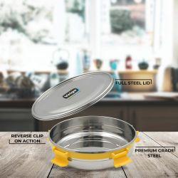 Veigo MaxoSteel Round Stainless Steel Airtight & Leakproof Lunch Box with Silicon Ring & Lid Lock, 950 Ml, Yellow