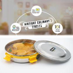 Veigo MaxoSteel Round Stainless Steel Airtight & Leakproof Lunch Box with Silicon Ring & Lid Lock, 950 Ml, Yellow