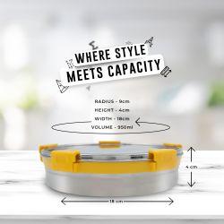 Veigo MaxoSteel Round Stainless Steel Airtight & Leakproof Lunch Box with Silicon Ring & Lid Lock, 950 Ml, Yellow