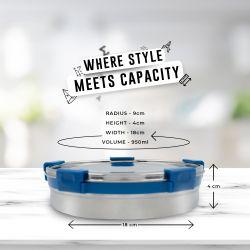 Veigo MaxoSteel Round Stainless Steel Airtight & Leakproof Lunch Box with Silicon Ring & Lid Lock, 950 Ml, Dark Blue