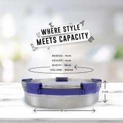 Veigo MaxoSteel Round Stainless Steel Airtight & Leakproof Lunch Box with Silicon Ring & Lid Lock, 950 Ml, Violet