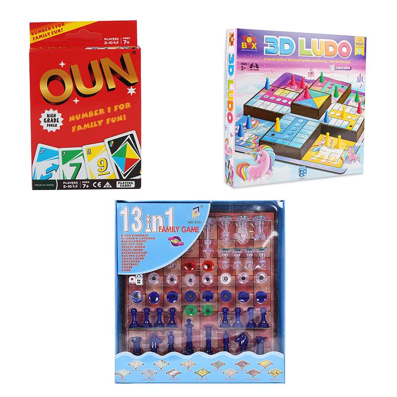 Combo 13in1 Family Chess Board Game 3D Ludo Unicorn UNO FUN pack of 3
