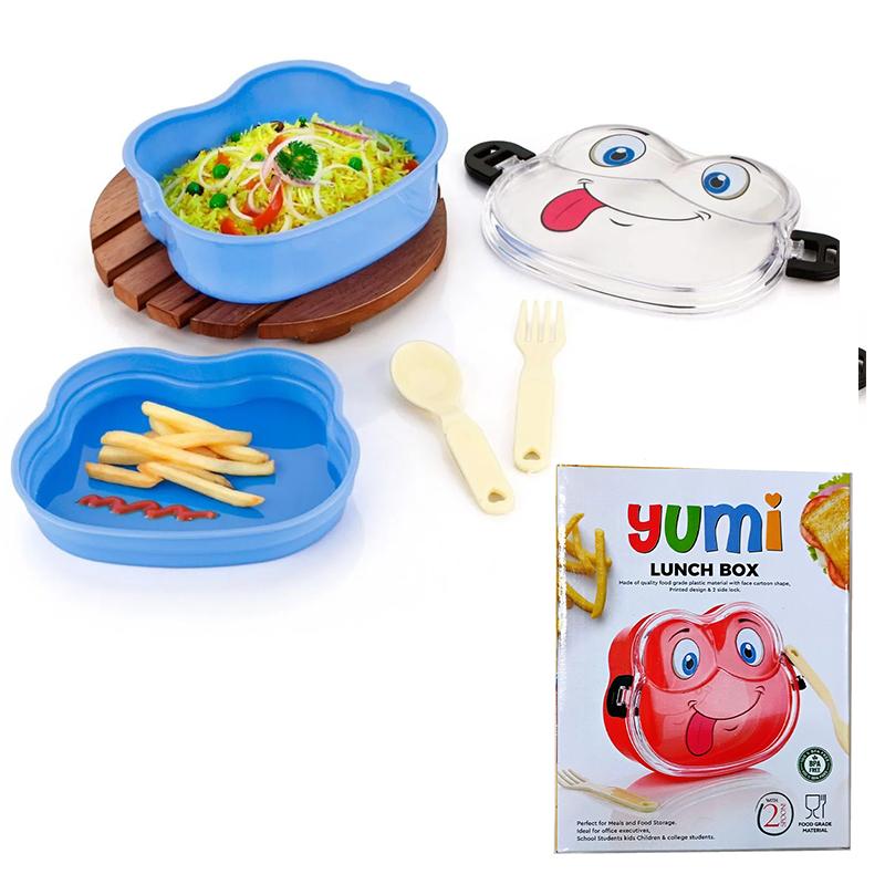 Cartoon Face Printed Lunch Box with 2 Side Lock (Blue)