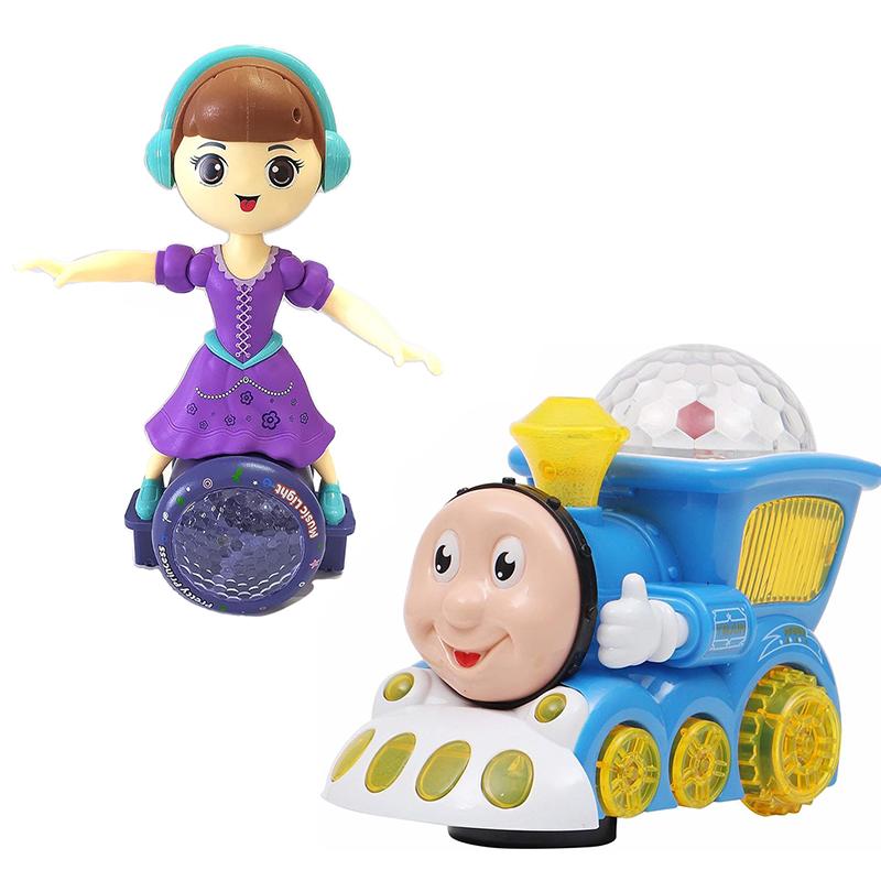 Combo of Angel Girl Dancing Doll and Thomas Musical Engine Train With 4d Light And Sound Toy Blue. pack of 2
