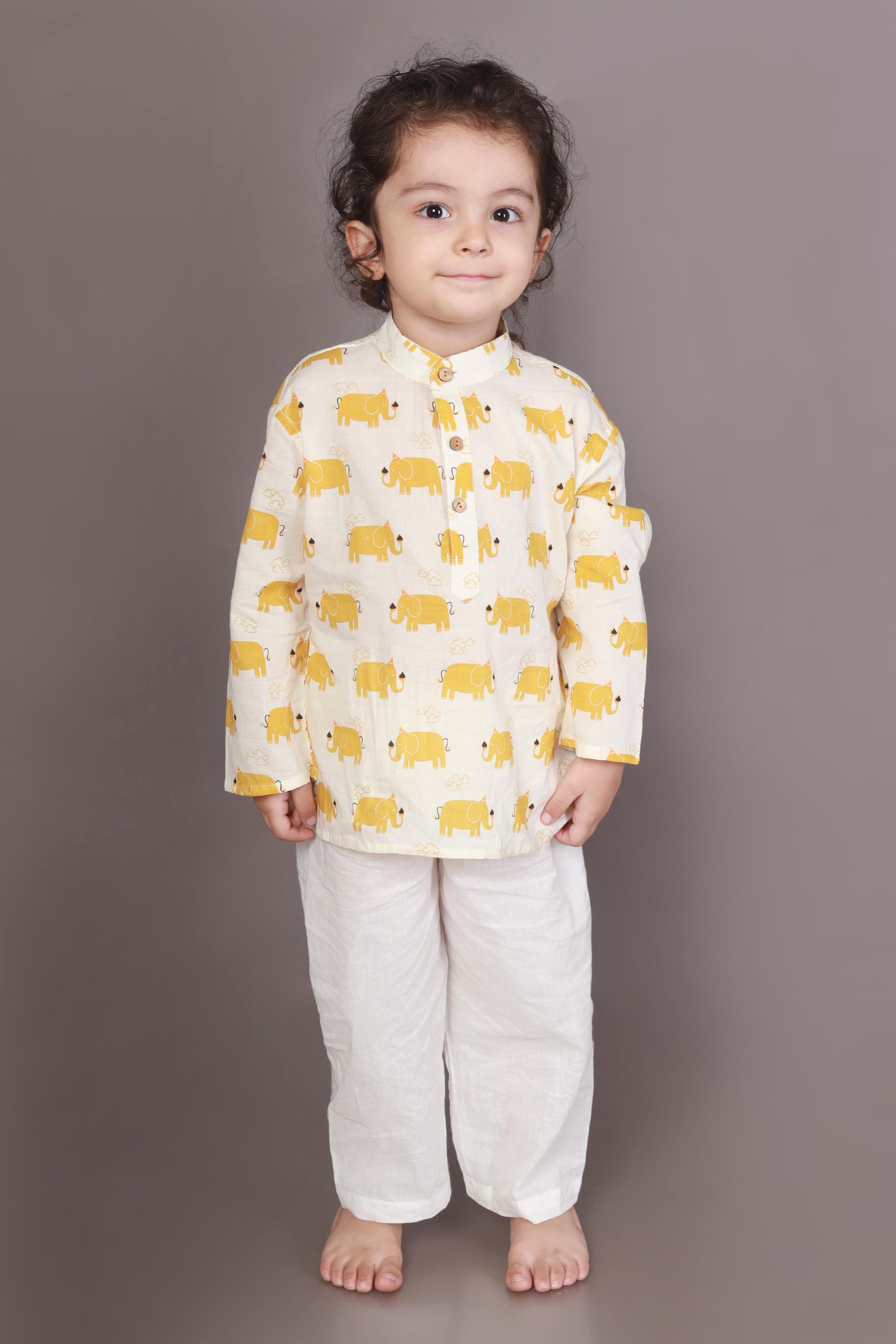 White Base withellowElephantWovenCotton Kurta & PyjamaNightsuit