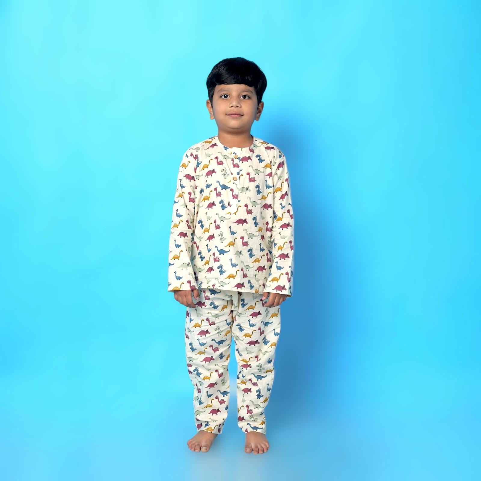 Kids Cotton Dinosaur Print Nightsuit – Cream Full Sleeves Kurta & Pants Co-ord Set | Unisex Nightwear & Loungewear | BREATHABLES