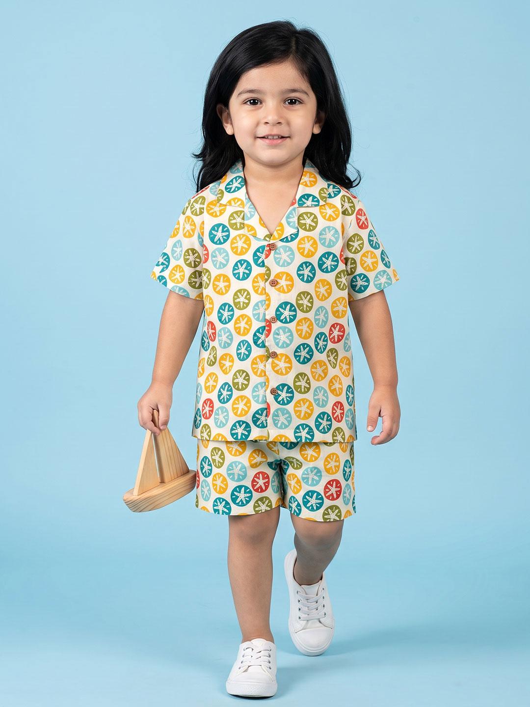 Kids Cream Colourful Starfish Print Cotton Nightsuit Shorts Co-ord Set for Boys and Girls | BREATHABLES