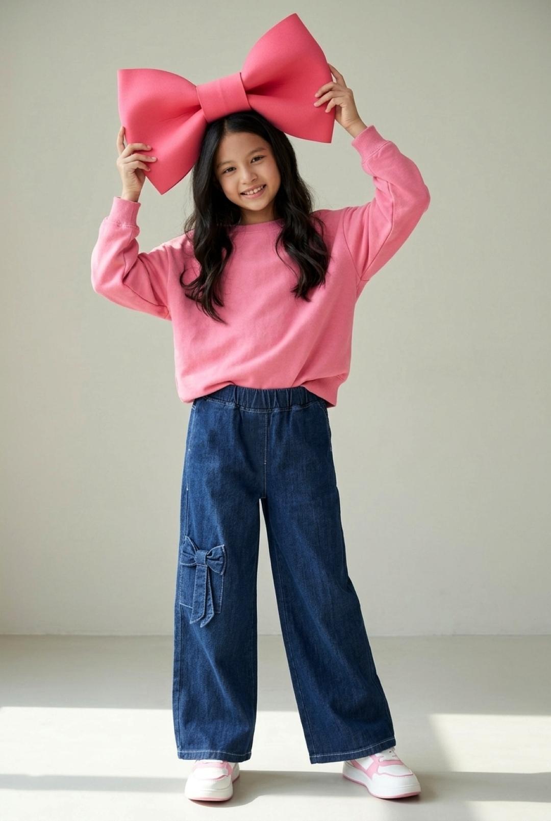 TALES & STORIES Girls Blue Wide Leg Mid-Rise Dark shade Denim Elasticated Waistband Jeans