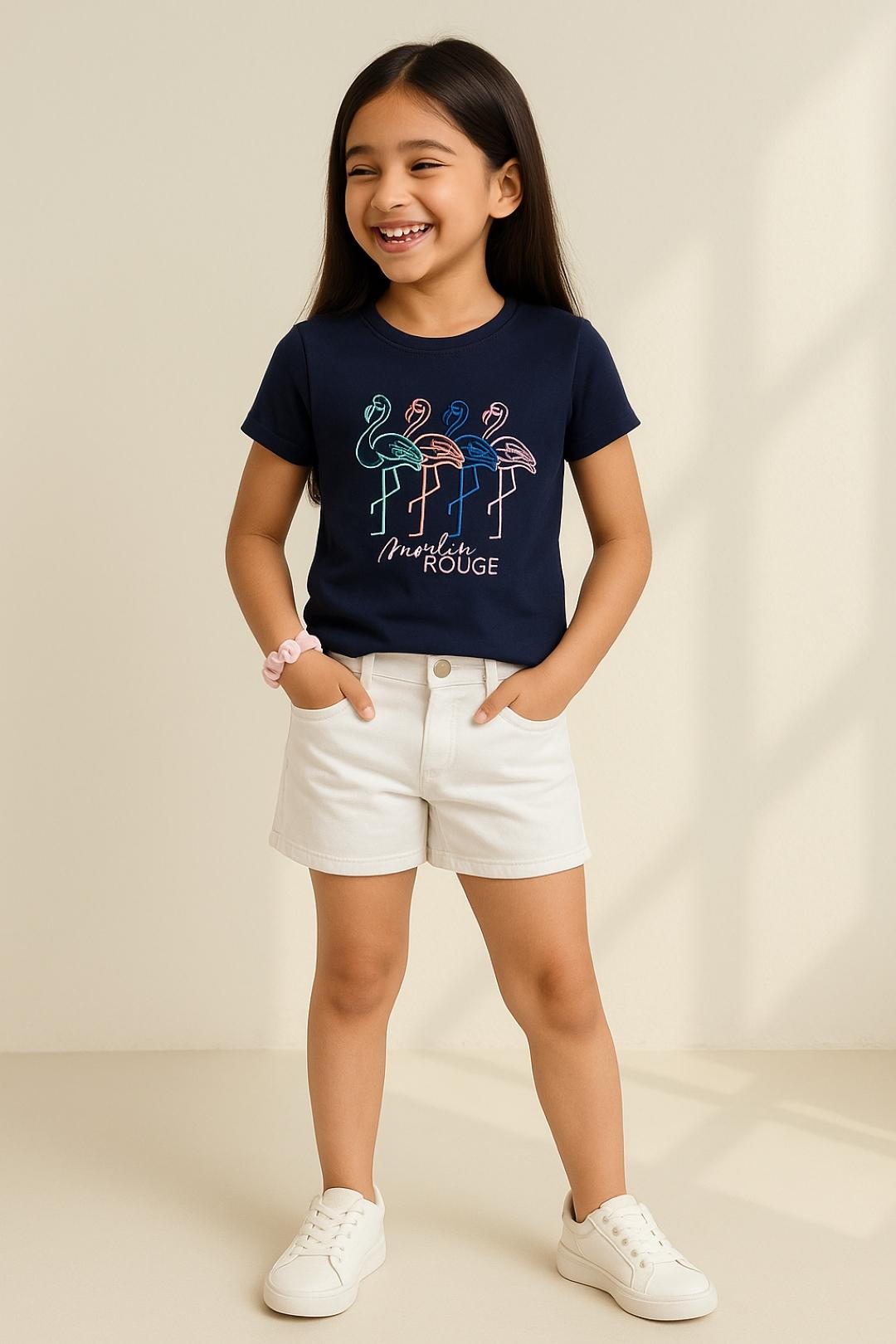 TALES & STORIES Girls Navy Blue Slim Fit Cotton T-shirt