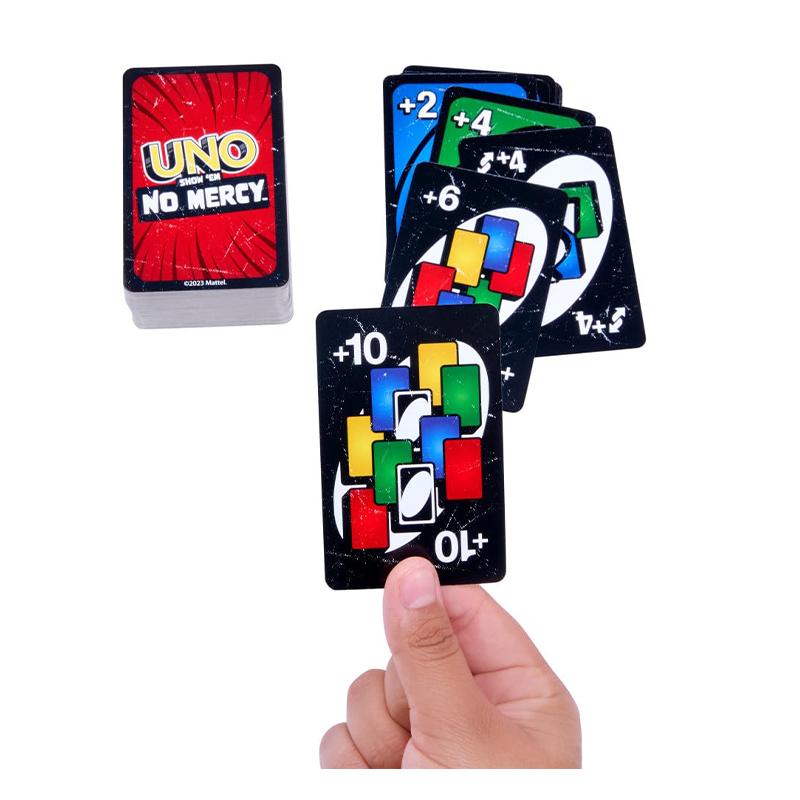Mattel Games ​UNO Show ‘em No Mercy Card Game for Kids, Adults & Family Parties and Travel with Extra Cards, Special Rules and Tougher Penalties.
