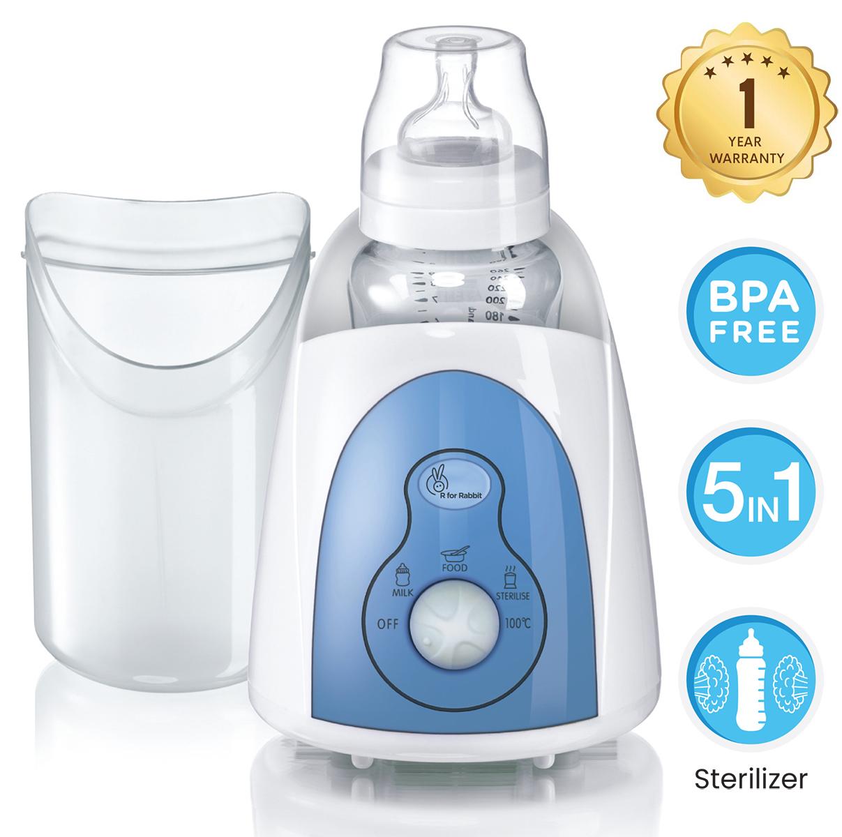 R for Rabbit Hot Bot Bottle Warmer & Sterilizer | Electric Baby Food, Water & Milk Heater & Defrost with Manual Temperature Adjustment, Bpa Free Nipple (Blue-White), 1 Count