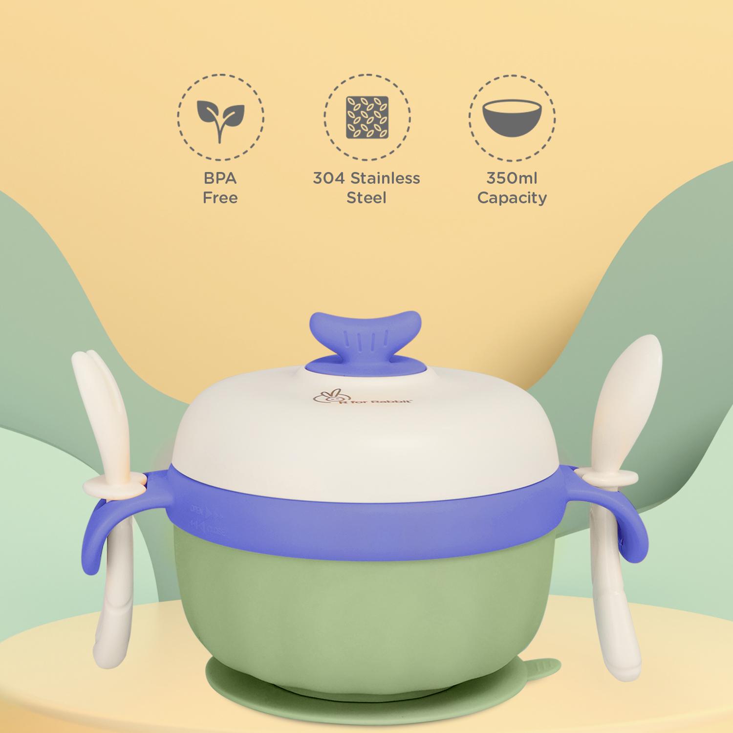 R for Rabbit Safe Feed Storage Baby Feeding Meal Bowl Set with Spoon and Fork for Baby | 304 Stainless Steel Multi-Functional Snack/Fruit Box 350 Gram Capacity (Green)